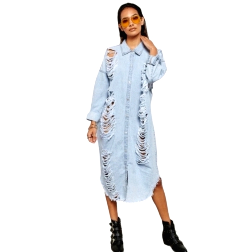 Highway Jeans Lightwash Denim Distress Longsleeve Snap Front Jacket Shirt Dress